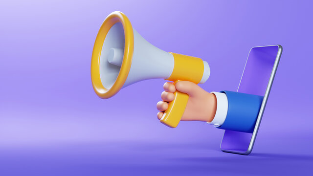 3d illustration. Cartoon character businessman hand with megaphone sticking out the smart phone screen. Online social media clip art isolated on violet background. News announcement concept