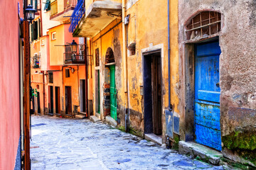 Charming  streets of old italian villages (towns) with floral pots and narrow passages. 