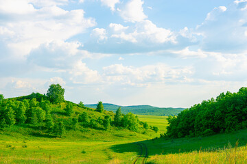 Glade, hills and green forest with blue sky and clouds.