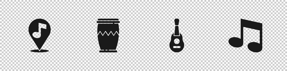 Set Location musical note, Drum, Guitar and Music tone icon. Vector