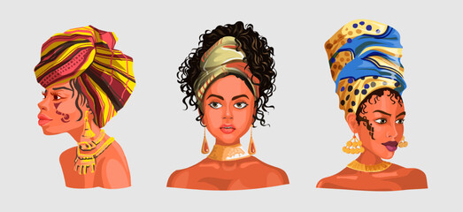 Set with Illustration of an African or latinos Girls Wearing Pretty Heads Scarves and Earrings. Used for print design greeting card used for print design, banner, poster, flyer template