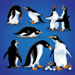 Obraz premium Funny pinguins in different action poses. Cartoon mascots isolate. Penguin animal bird character, happy penguin, family with eggs, penguin nest, emotions . Vector illustration