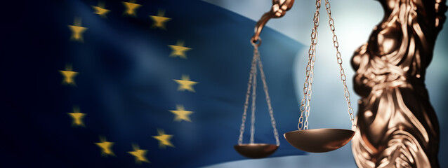 Law and order concept. Statue of Lady Justice with scales of justice with European flag background. Lawyer or judge concept. - obrazy, fototapety, plakaty