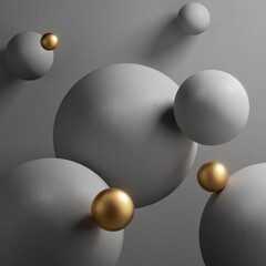 3d render, abstract gray background with levitating spheres and golden balls. Modern minimal wallpaper