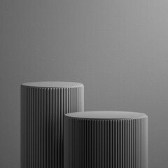 3d render, abstract grey background. Modern minimal showcase scene with two empty cylinder pedestals for product presentation - obrazy, fototapety, plakaty