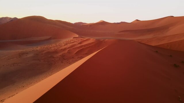 Drone shot in slow motion of barren wilderness in endlees massive of sand. Sky view from drone of wide desert on sunset. Untouched sand dune under setting sun shot from above by drone. Concept of