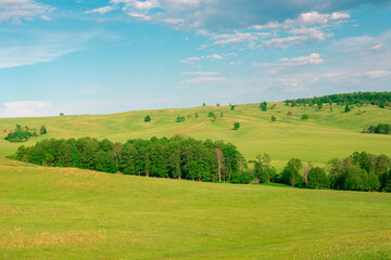 Glade, hills and green forest with blue sky and clouds.
