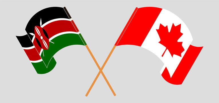 Crossed and waving flags of Kenya and Canada