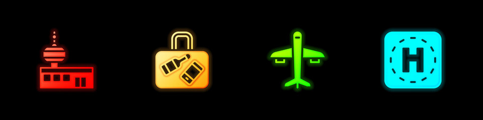 Set Airport control tower, Suitcase, Plane and Helicopter landing pad icon. Vector