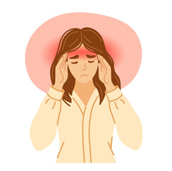 Woman with awful headache and migraine.  Exhausted, stressed, overworked woman, suffering from pain, pressing hands to head, his temples. Vector hand-drawn character.