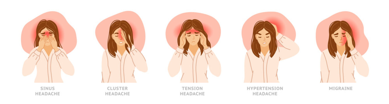 Headache by location. Sinus, cluster, tension, hypertension, migrain. Set of tired, stressed, exhausted women suffering from different types of headaches. Collection of vector hand-drawn characters.
