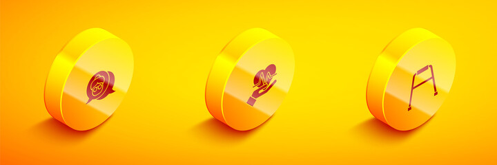 Set Isometric Grandmother, Heart rate and Walker icon. Vector