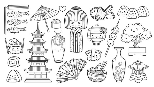Geisha, sushi, onigiri, ramen, fan and umbrella. Popular japanese symbols. Outline vector illustration. Hand-drawn element for coloring book.