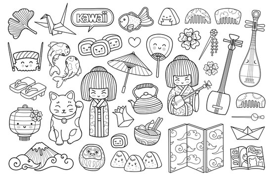 Big set of asian japanese symbols. Outline illustration for coloring book, tattoo, print, stickers. Japan, Tokyo, kokeshi doll, maneki neko, geisha, origami and koi carps.