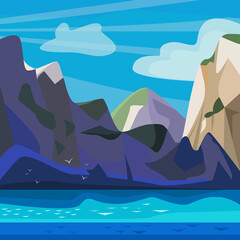 Fototapeta na wymiar Mountain seascape with gulls on a sunny day. Vector illustration.
