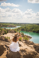Russia, Tver region, konduki blue river, green forest, blue sky