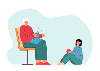 Grandmother sitting and knitting next to her granddaughter. Flat vector illustration. Elderly woman spending time with girl, holding ball of thread, knitting needles. Hobby, knitting, family concept