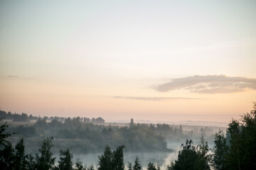 summer field at sunrise with fog