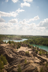 Russia, Tver region, konduki blue river, green forest, blue sky