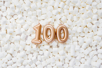 100 followers card. Template for social networks, blogs. Background with white marshmallows