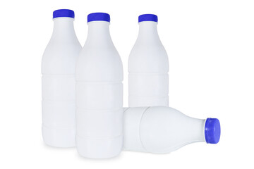 Plastic bottles with blue lid for dairy foods. Isolated on white.
 