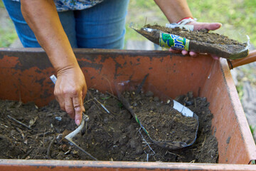 Manos de mujer cargando maceta con tierra orgánica para luego sembrar 