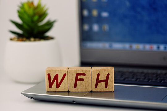 photo on WFH (work from home) theme. wooden cubes with the acronym "WFH", on the background of laptop and succulent