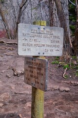 Trail Signs hiking along Grandeur Peak, Pipe Line Overlook and Rattlesnake Gulch Trails in the Wasatch National Forest, Salt Lake City, Utah, United States, USA.