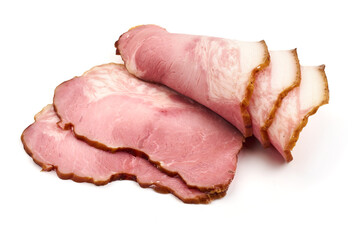 Wrapped Smoked pork slices, isolated on white background. High resolution image.