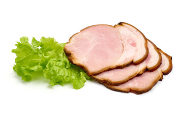 Sliced smoked pork meat, isolated on white background. High resolution image