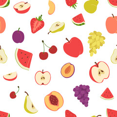 Seamless pattern from fresh summer fruits. Vitamin juicy sweet food. Bright colorful flat vector illustration for textiles, clothes, wrapping and wall paper isolated on white background
