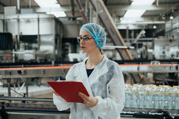 Female worker in protective workwear working in medical supplies research and production factory and checking canisters of distilled water before shipment. Inspection quality control.