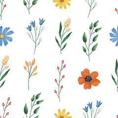 Seamless floral pattern with hand drawn watercolor wild flowers and leaves