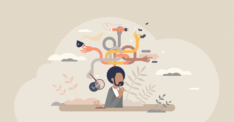 Multitasking mind skill and busy daily tasks management tiny person concept. Schedule strategy to do all work together and simultaneously with mental effort and brain efficiency vector illustration.