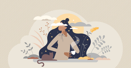 Daydreaming imagination and inspirational thinking scene tiny person concept. Relax and think about vision, wishes and life future vector illustration. Fantasy and brainstorm process visualization.