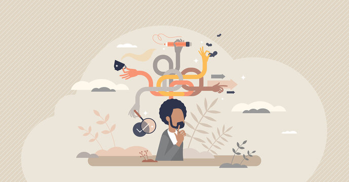 Multitasking mind skill and busy daily tasks management tiny person concept. Schedule strategy to do all work together and simultaneously with mental effort and brain efficiency vector illustration.