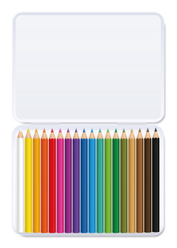 Colored pencil set in a white metal box sorted by color. Isolated vector illustration on white background.
