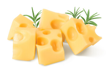 cubes of cheese isolated on white background with clipping path and full depth of field