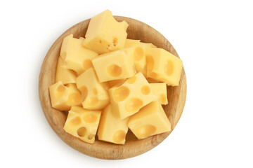 cubes of cheese in wooden bowl isolated on white background with clipping path. Top view. Flat lay
