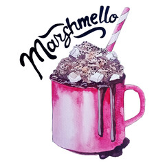 cup of coffee with chocolate and marshmello handpainted