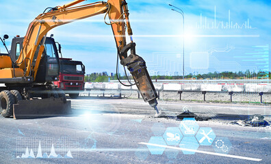 concept of road repair, application of a hydraulic hammer for asphalt stripping using sensors and...