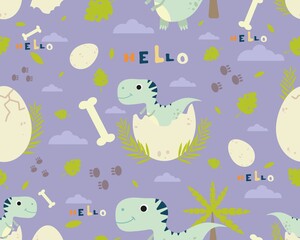 seamless pattern with dinosaurs, tropical leaves and egg, cute childish background for any design, stylized vector graphics