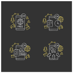 Drop in audio app chalk icons set.Communication application with friends.Application rules, raped popularity, waitlist, free app. Isolated vector illustrations on chalkboard