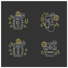 Drop in audio app chalk icons set. Communication application with friends. Listeners, creating room, unrecording conversation. Isolated vector illustration on chalkboard