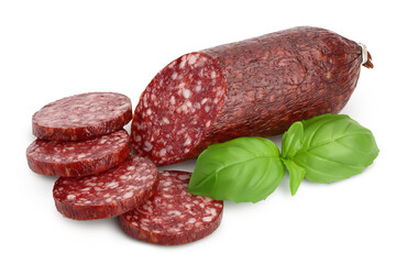 Smoked sausage salami with slices isolated on white background with clipping path and full depth of field