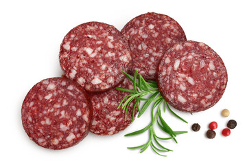 Smoked sausage salami slices isolated on white background with clipping path and full depth of field. Top view. Flat lay