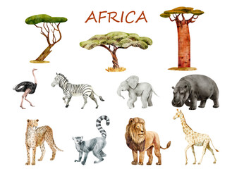 Watercolor set of African animals and trees on white background
