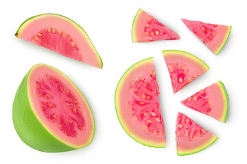 Guava fruit slices isolated on white background . Top view. Flat lay