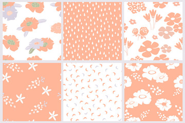 Set of seamless spring, summer patterns. Delicate cute blossoms, flowers daisies on a pink, white background. Girly vintage ornament, plant print. Petals, drops, simple random shapes. Vector graphics.