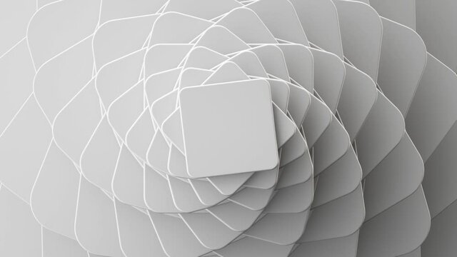 3d render, loop animation of abstract minimal white background twisting. Geometric shapes spin. Rotating deck of square blank cards